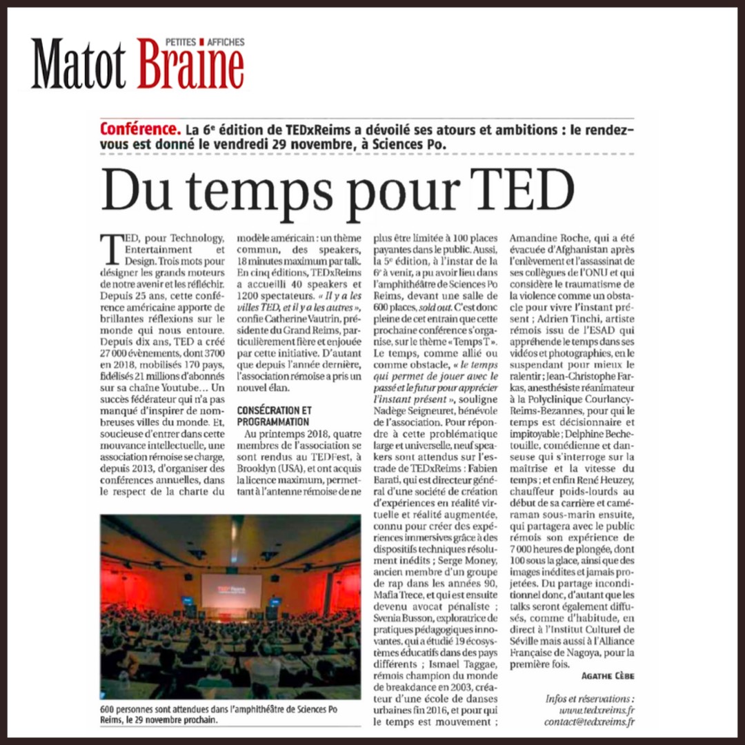 L'article de Matot Braine sur l'édition TEDxReims 2019 "Temps T"